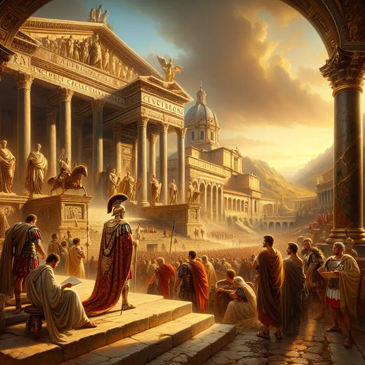 Heroic Roman general addressing senators and legionaries in the Roman Forum, surrounded by classical architecture under warm sunlight, in a 1960s epic film style.