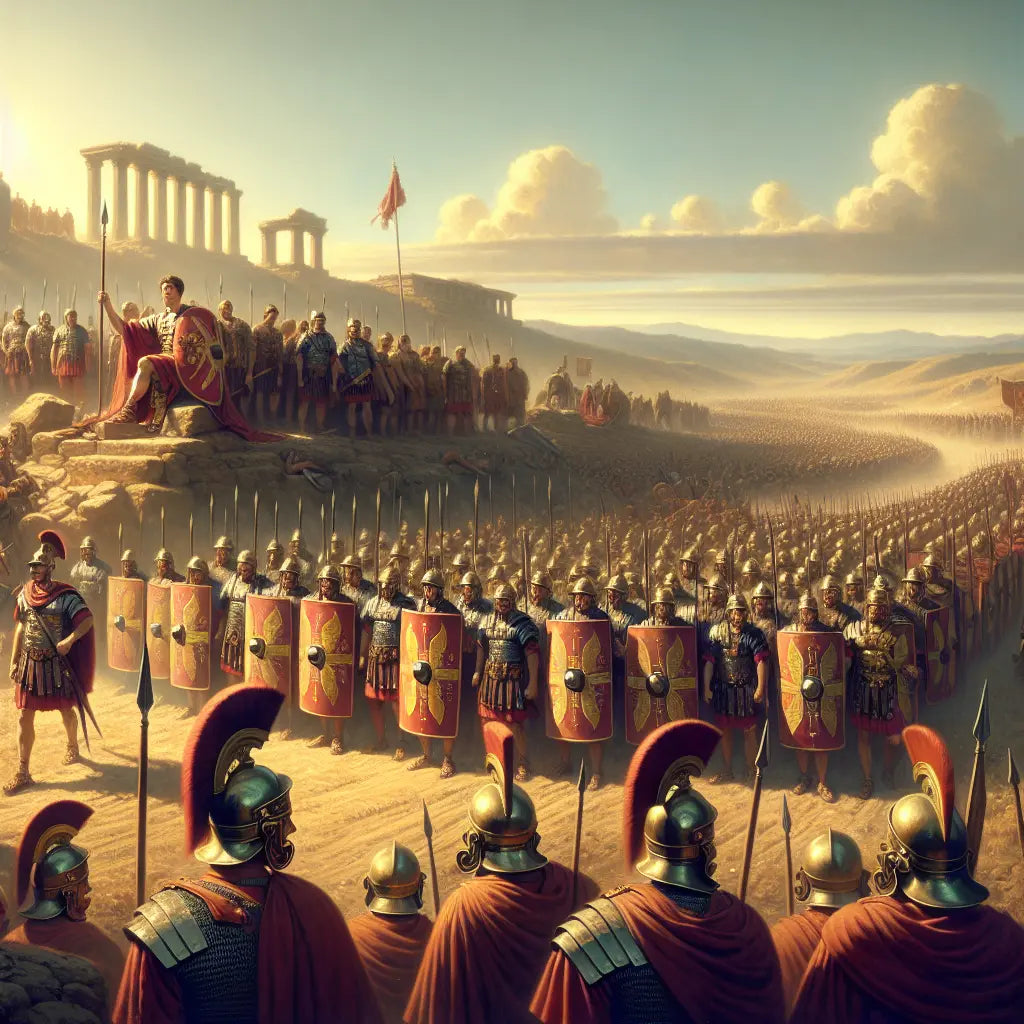 A disciplined Roman legion in manipular formation advancing across a sunlit ancient battlefield, with soldiers in tight Testudo shield formation led by a general, inspired by 1960s Roman historical films.