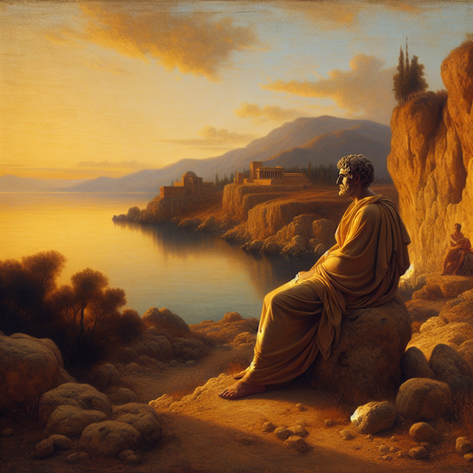 Ancient Roman philosopher in a simple toga seated on rocky cliffs by the sea at sunrise, embodying calm stoic wisdom with warm earth tones and soft natural light.