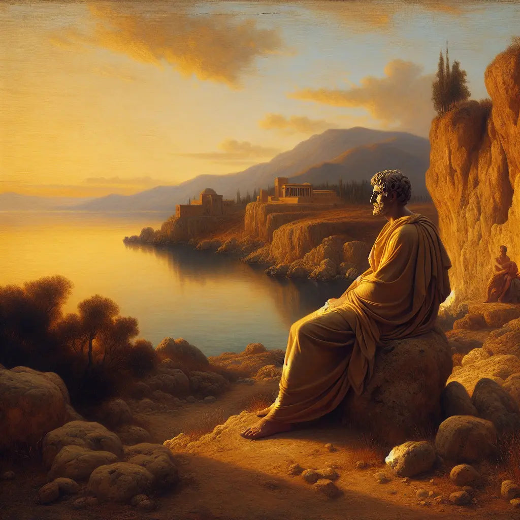 Ancient Roman philosopher in a simple toga seated on rocky cliffs by the sea at sunrise, embodying calm stoic wisdom with warm earth tones and soft natural light.