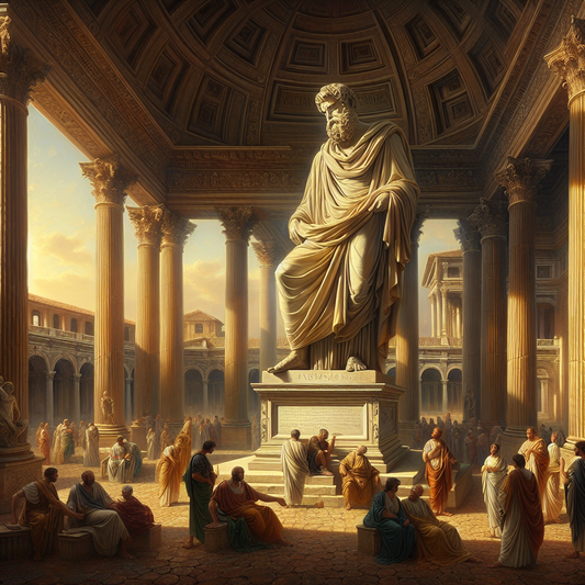 Statue of an ancient Roman philosopher with a well-groomed beard wearing a toga, standing majestically in a sunlit classical Roman forum with columns and arches, inspired by 1960s historical epic films.