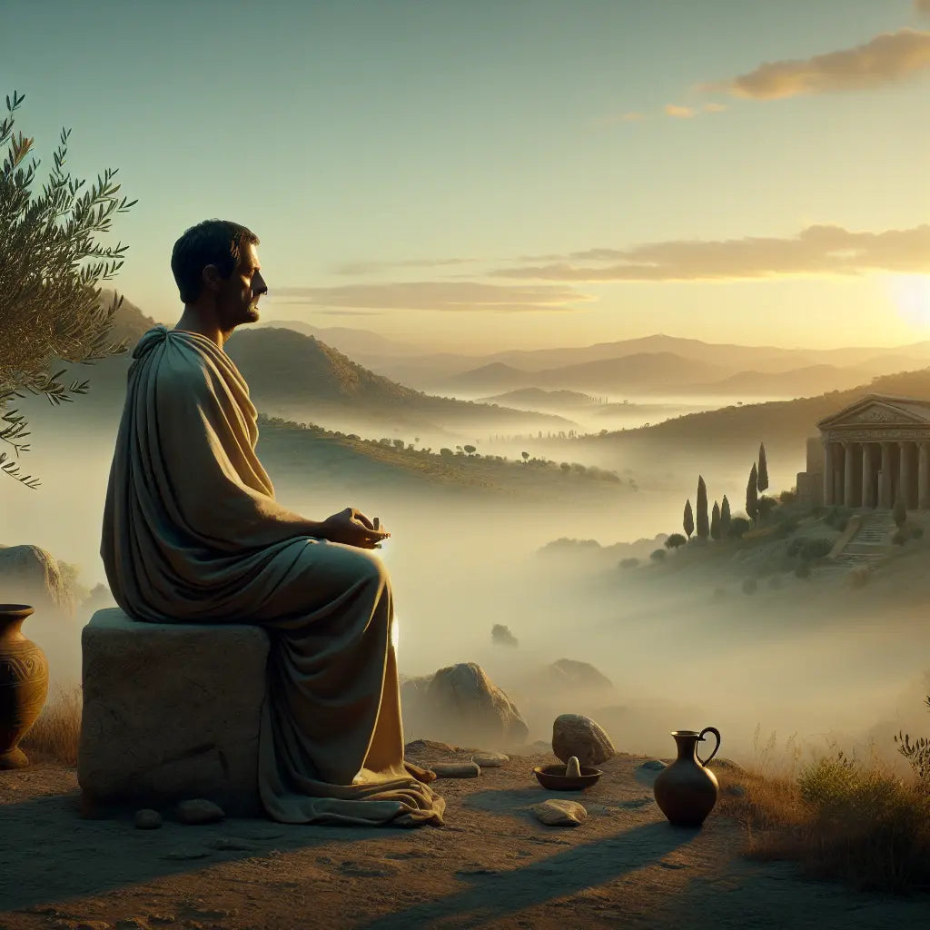 A calm Roman man sitting in meditation at sunrise on a stone platform amid tranquil hills and olive trees, bathed in soft golden light reflecting Stoic philosophy.