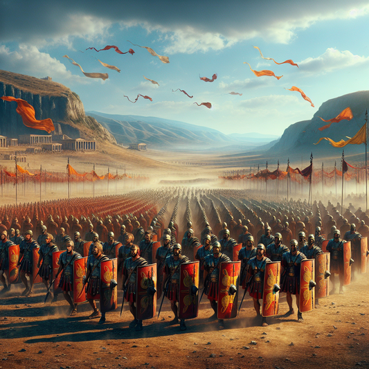 Roman soldiers advancing in testudo formation across an ancient battlefield under a sky full of battle flags, depicted in a cinematic 1960s historical epic style.