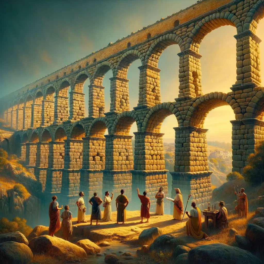 Towering stone arches of a grand Roman aqueduct under a clear blue sky, with Roman engineers and workers adding human scale, inspired by classic 1960s historical films.