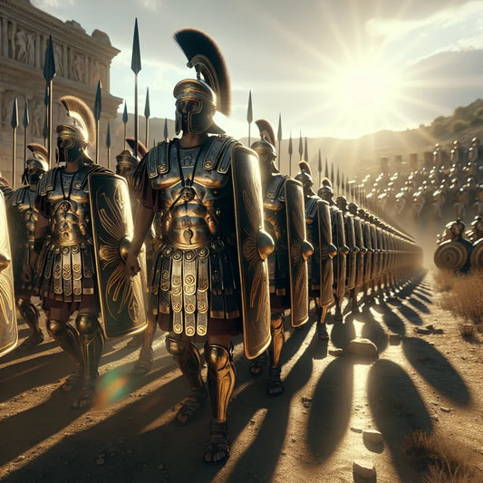 Roman legionaries in gleaming armor and rectangular scutums marching under a bright Mediterranean sun, embodying ancient Rome's strategic prowess in a 1960s historical film style.