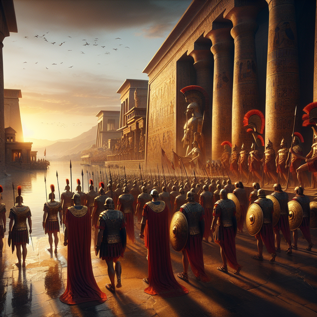 Roman soldiers standing solemnly by Egyptian temples blending with Roman architecture along the Nile River at sunset, marking the transition of power after Cleopatra's death in a cinematic 1960s epic style.