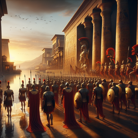 Roman soldiers standing solemnly by Egyptian temples blending with Roman architecture along the Nile River at sunset, marking the transition of power after Cleopatra's death in a cinematic 1960s epic style.