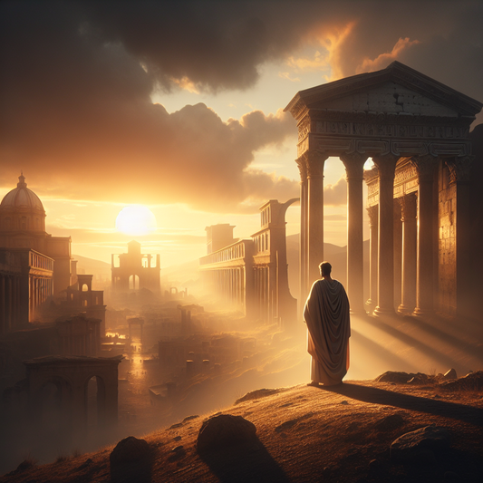 Roman philosopher in toga stands atop a hill during sunset, symbolizing 'memento mori', with ancient Roman architecture in the backdrop, inspired by 1960s historical films.