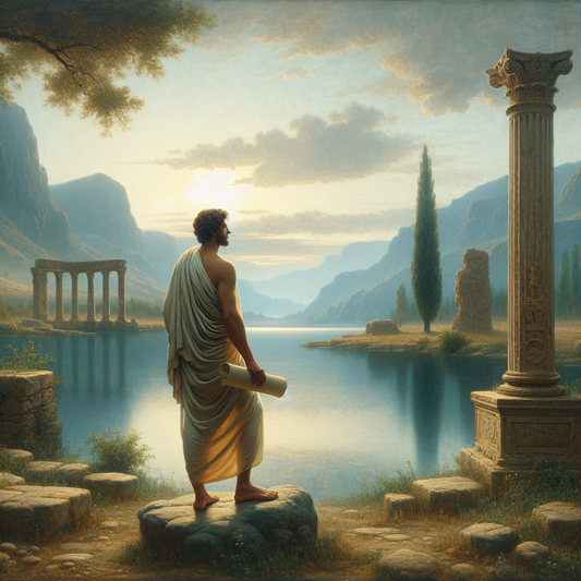 A Roman philosopher in a toga standing by a serene lake under an overcast sky, embodying stoic tranquility.
