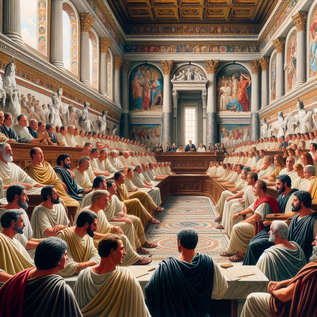 Senators gathered in the Roman Senate, in a classical architecture setting.