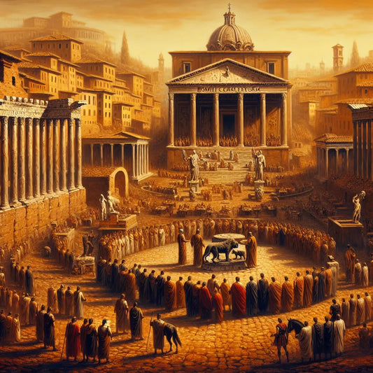 Cinematic painting of ancient Rome transitioning from kingdom to republic showing the she-wolf nursing Romulus and Remus, consuls in togas, and the Roman Senate in the iconic Forum under warm sunlight.