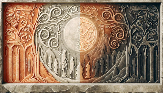 Steinrelief mit roemischer Darstellung von Ljosaelfen und Doekkaelfen in antikem Stil auf hellem Hintergrund