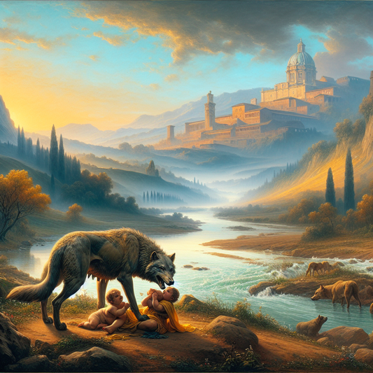 Romulus and Remus being nurtured by a she-wolf beside the Tiber River at dawn with ancient Roman landscape in a cinematic 1960s epic painting style.