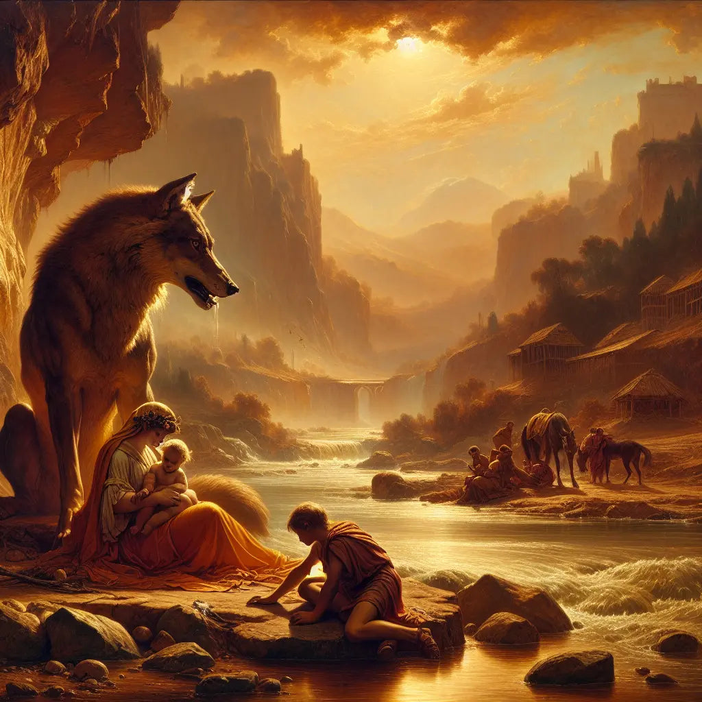 The she-wolf nurturing the infants Romulus and Remus by the Tiber River in a warm, dramatic Roman epic painting style.
