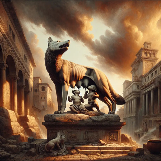 Majestic classical Roman statue of Romulus and Remus suckled by a she-wolf, set against ancient Roman architecture with a dramatic sky, symbolizing the founding myth of Rome in a 1960s epic painting style.