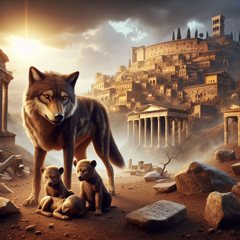 Ancient Roman mythic scene of Romulus and Remus being suckled by the she-wolf, with the early city of Rome visible in the warm light background, painted in a 1960s epic film style.