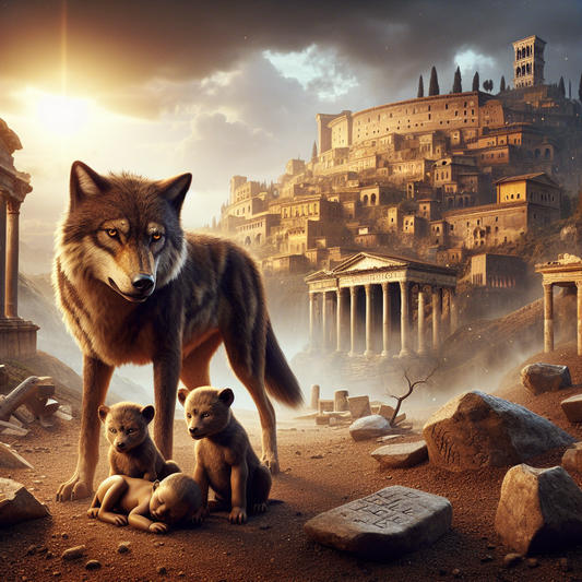 Ancient Roman mythic scene of Romulus and Remus being suckled by the she-wolf, with the early city of Rome visible in the warm light background, painted in a 1960s epic film style.