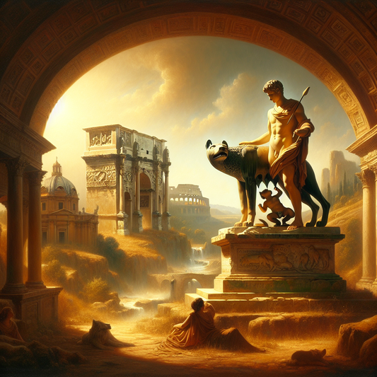 Detailed ancient Roman statue of Romulus and Remus suckling the she-wolf beneath a Roman arch with a historic city background under vibrant sunlight, capturing the myth of Rome.
