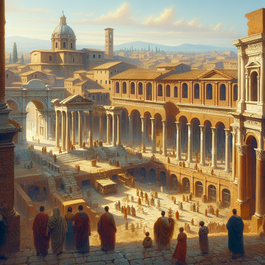 Ruins of Trajan's Market in Rome with people exploring under bright sunny skies, rendered in the style of a 1960s Roman historical epic painting.