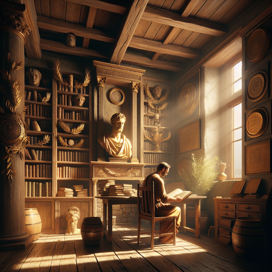 Ryan Holiday reading a modern Stoic philosophy book in a warm, classical study room surrounded by laurel wreaths and ancient scrolls, in the style of a 1960s Roman historical epic painting.