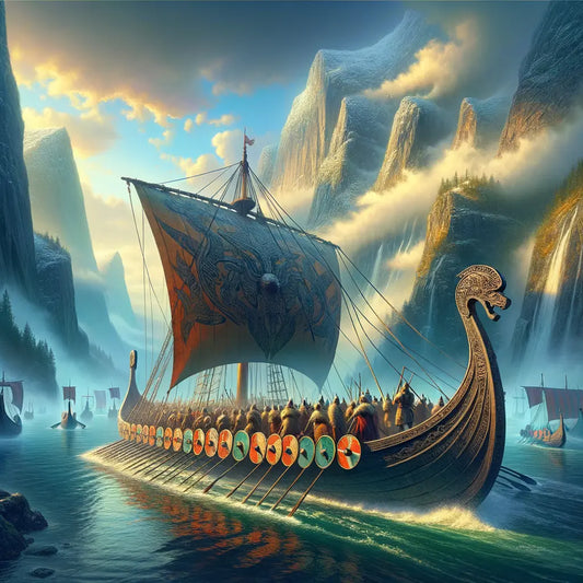 Norse longship with dragon-head prow sailing through misty fjords, shields along its sides, reminiscent of historical epic films.