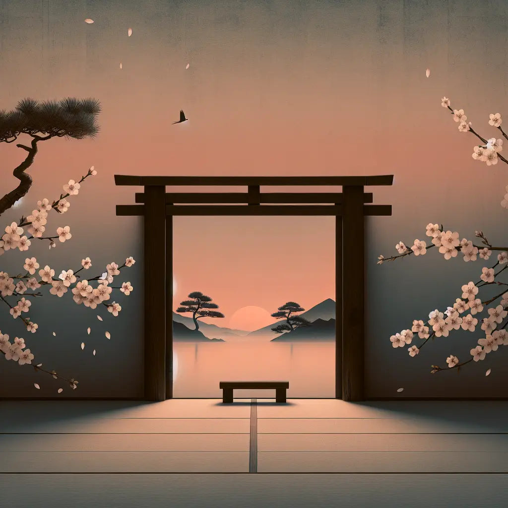 A serene minimalist Japanese scene with a wooden dojo gate and cherry blossoms at twilight, symbolizing quiet strength and traditional beauty.