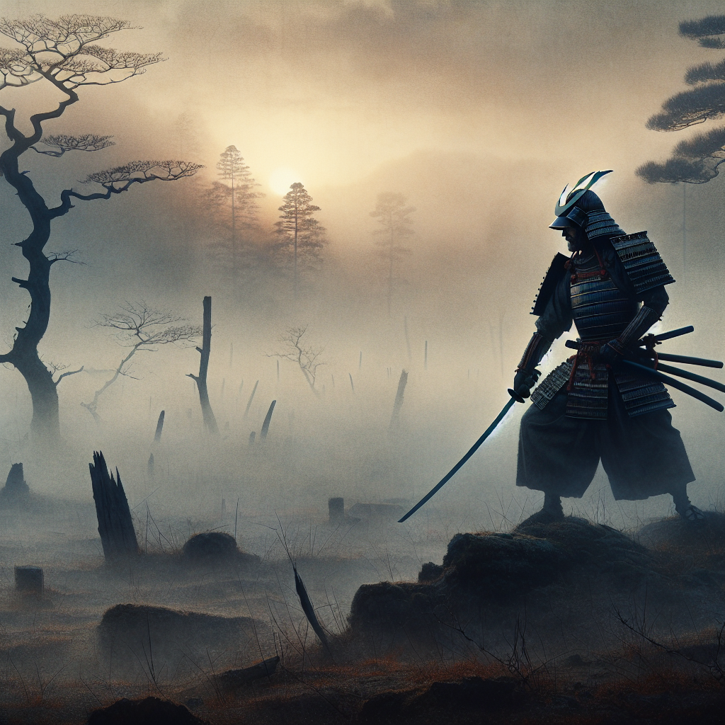 A samurai warrior in traditional armor holding a katana on a misty battlefield at dawn, depicted in a minimalist, serene Japanese style.