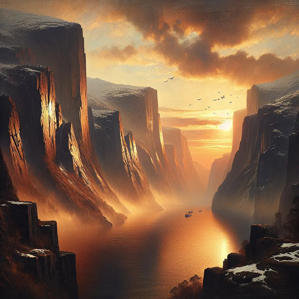 Dramatic rugged Scandinavian fjord at sunset with towering cliffs and calm waters, ancient Norse symbols faintly visible in the sky, in the style of a classical 1960s historical epic painting.
