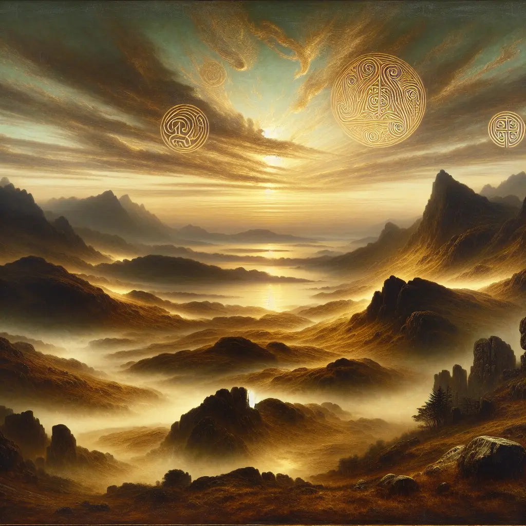 Misty dawn over rugged Scottish Highlands with glowing ancient Celtic symbols in the air, evoking Gaelic mythology and spiritual connection to the Dagda.