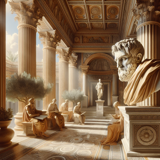 Marble bust of Seneca set before ancient Roman columns with toga-clad figures reading scrolls, evoking Stoic philosophy and introspection.