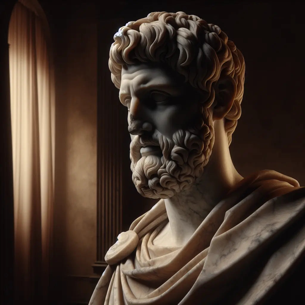 Classical marble bust of Seneca portrayed serenely against a dark minimalistic background symbolizing calm acceptance and stoic virtue.