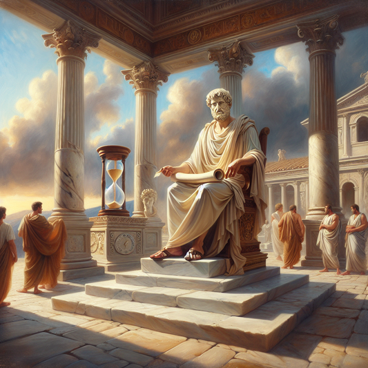 Ancient Roman philosopher Seneca in classical robes holding a scroll, with an hourglass and laurel leaves as symbols of wisdom, set in a Roman courtyard with marble columns and warm sunlight.