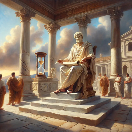 Ancient Roman philosopher Seneca in classical robes holding a scroll, with an hourglass and laurel leaves as symbols of wisdom, set in a Roman courtyard with marble columns and warm sunlight.