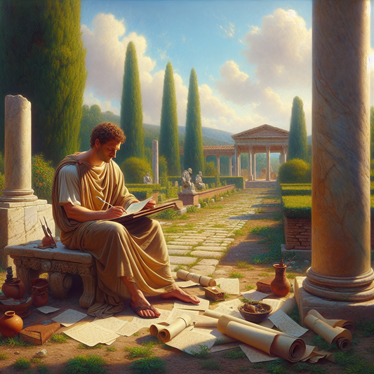 Ancient Roman philosopher Seneca writing letters thoughtfully in a peaceful garden surrounded by scrolls and classical Roman architecture, rendered in a warm, cinematic 1960s historical epic style.