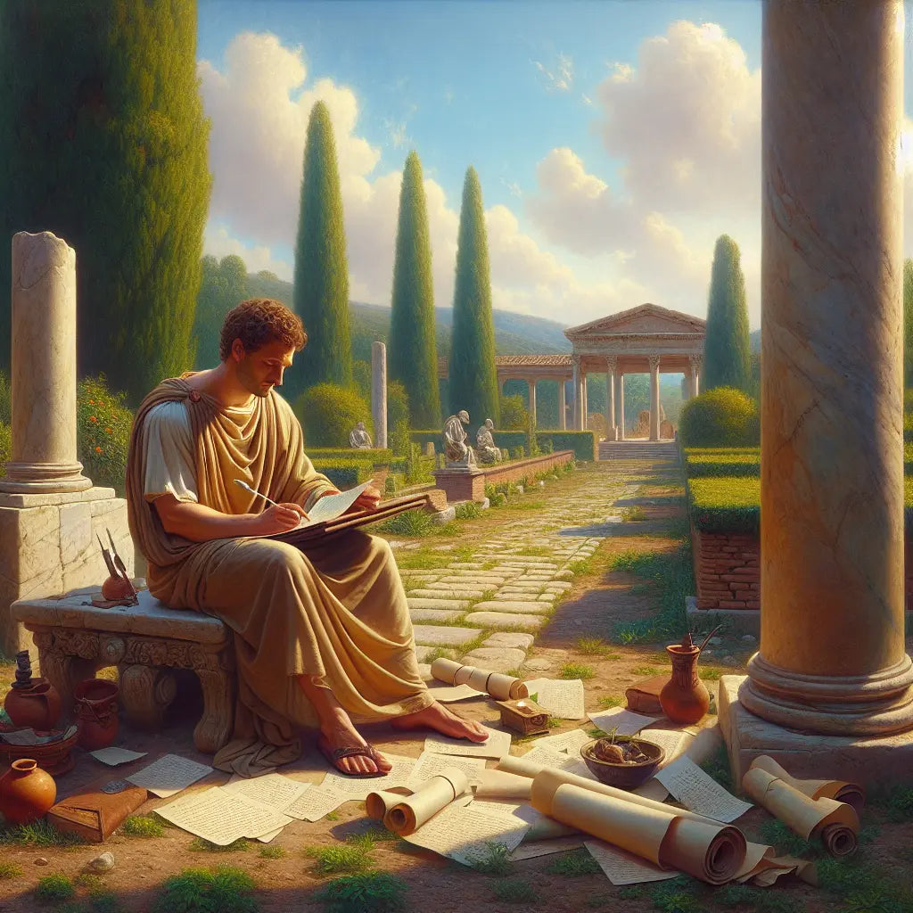 Ancient Roman philosopher Seneca writing letters thoughtfully in a peaceful garden surrounded by scrolls and classical Roman architecture, rendered in a warm, cinematic 1960s historical epic style.