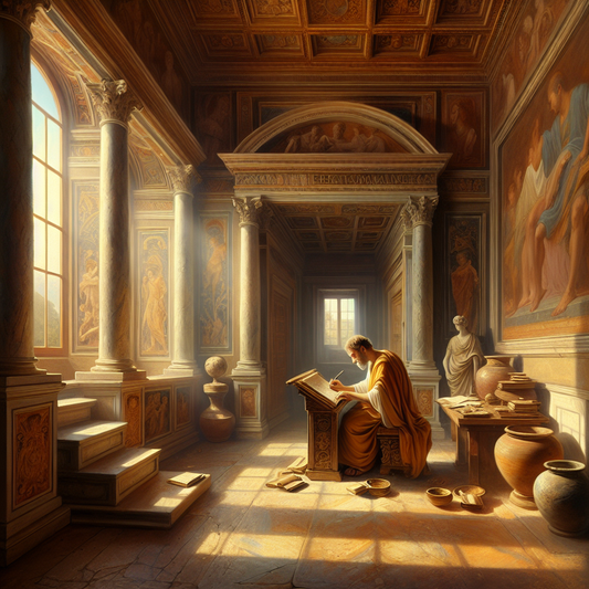 Ancient Roman philosopher Seneca writing letters in a sunlit study with classical marble columns and arches, reflecting serene wisdom in a 1960s cinematic painting style.