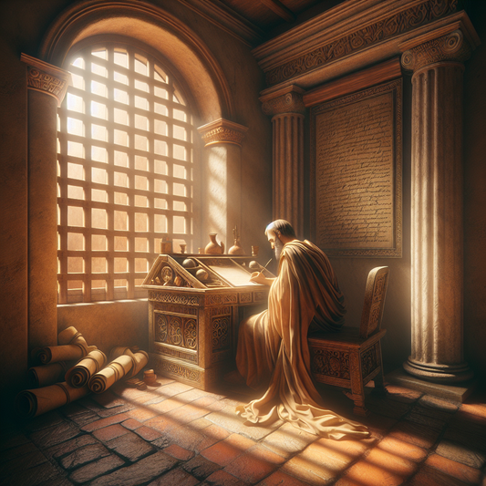 A Roman scholar in a toga writing at a wooden desk covered with ancient scrolls and letters, bathed in warm natural light from a lattice window, evoking Seneca's philosophical study.