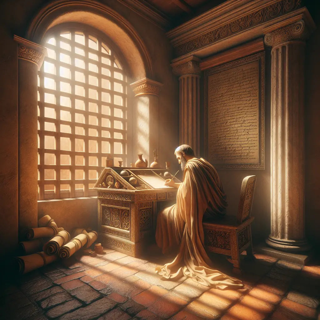 A Roman scholar in a toga writing at a wooden desk covered with ancient scrolls and letters, bathed in warm natural light from a lattice window, evoking Seneca's philosophical study.