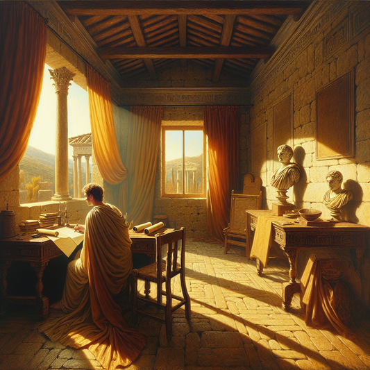 An intimate ancient Roman study softly lit by golden sunlight, featuring open scrolls and a wax tablet, with a calm figure resembling Seneca reflecting quietly, painted in the style of 1960s Roman epics.