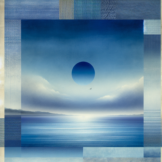 A tranquil endless blue sky reflected on a calm ocean horizon with subtle blue textile and lapis lazuli inspired accents conveying peaceful cultural depth in a minimalist Japanese style.