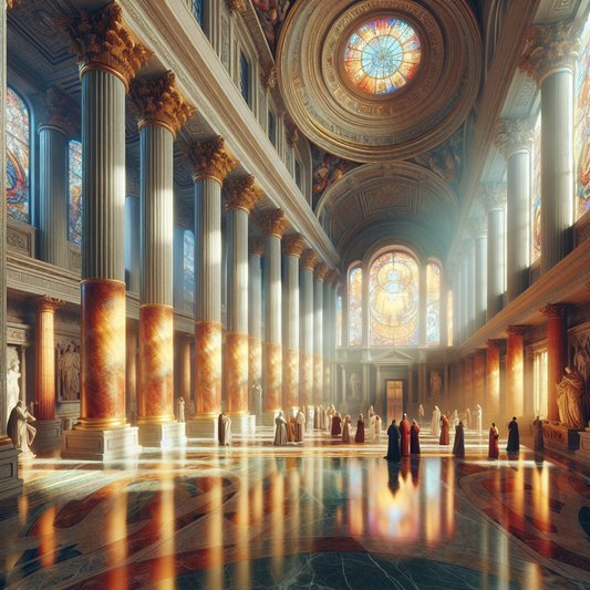 A church interior with sunlight streaming through stained glass, blending ancient philosophy and modern faith in a cinematic style.