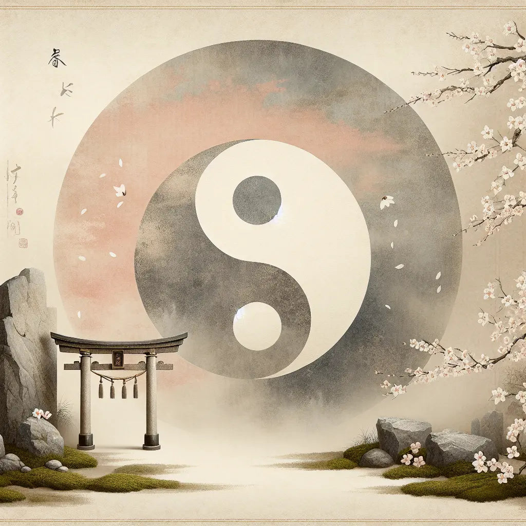 A minimalist Japanese-inspired scene with a balanced yin and yang motif blending a torii gate and a Christian cross amidst soft sakura petals, evoking harmony and spiritual reflection.