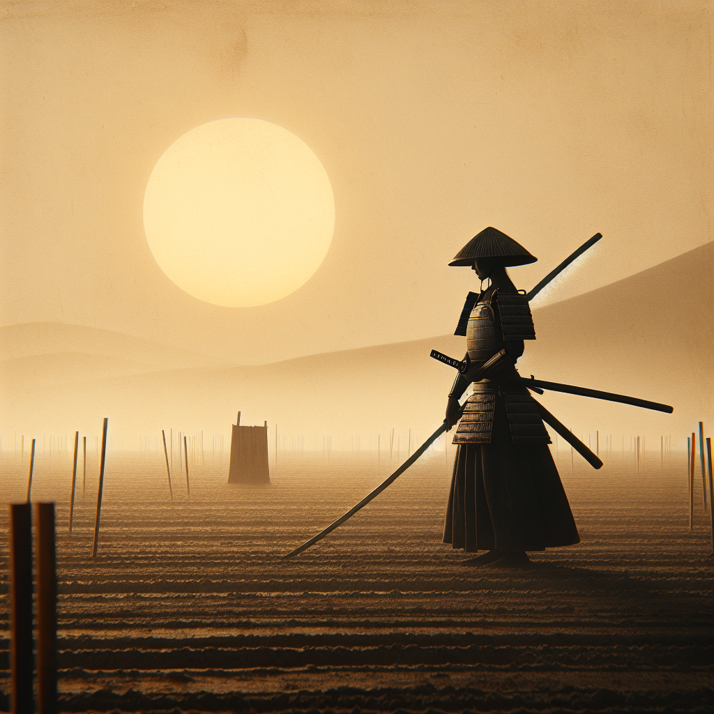 A serene female samurai warrior in traditional armor holding a naginata at sunset on a misty feudal battlefield, minimalist and composed in a Japanese artistic style.