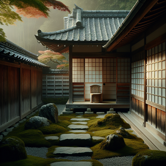 Traditional Japanese samurai estate courtyard with rustic wooden architecture and a discreet squat toilet blending naturally with moss and stone under soft morning light, embodying historic sanitation in harmony with nature.