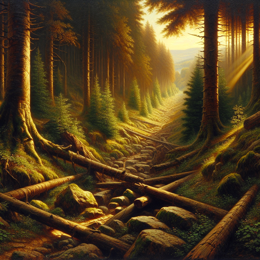 A serene forest hiking path with fallen trees and soft sunlight filtering through tall trees, symbolizing overcoming challenges on a journey, painted in a cinematic 1960s Roman epic style.