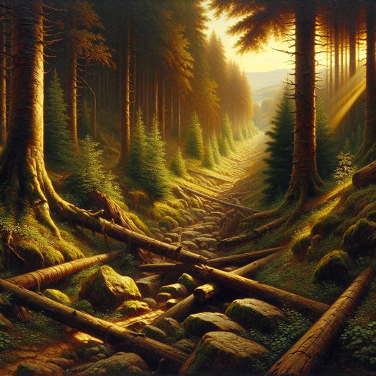 A serene forest hiking path with fallen trees and soft sunlight filtering through tall trees, symbolizing overcoming challenges on a journey, painted in a cinematic 1960s Roman epic style.