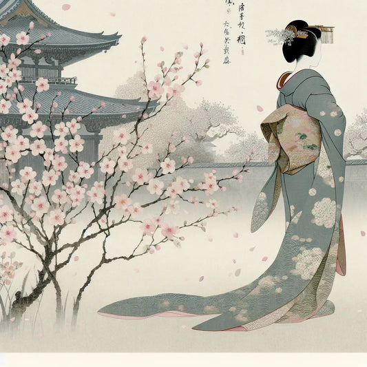 A graceful geisha in a traditional kimono stands serenely among blooming cherry blossoms, evoking minimalist Japanese cultural elegance.