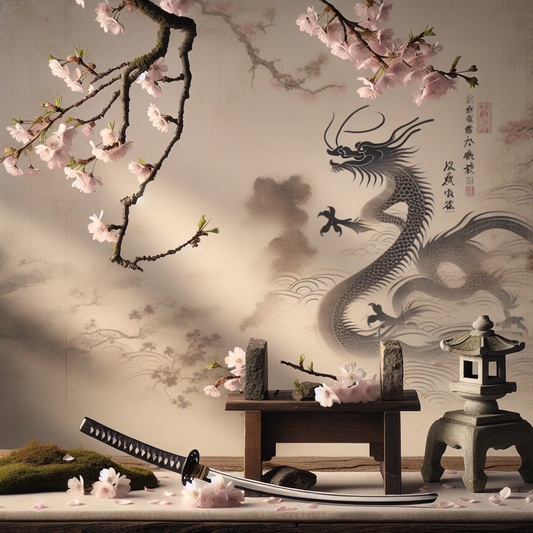 Minimalist Japanese scene with cherry blossom branches, a samurai sword on a wooden stand, and a subtle dragon motif in soft pastels, evoking serene fate and transformation.