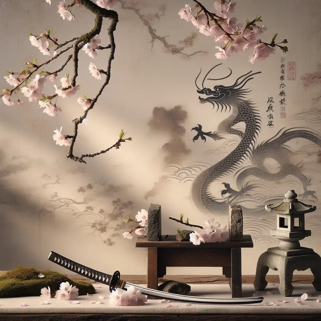 Minimalist Japanese scene with cherry blossom branches, a samurai sword on a wooden stand, and a subtle dragon motif in soft pastels, evoking serene fate and transformation.
