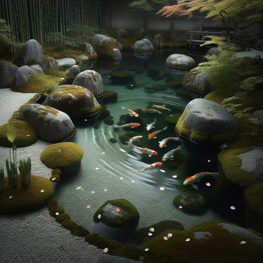A tranquil Japanese garden pond with colorful koi fish swimming under clear water, surrounded by moss-covered rocks and lush greenery, conveying peaceful natural beauty.